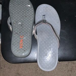 A pair of grey Vionic flip flops, barely worn